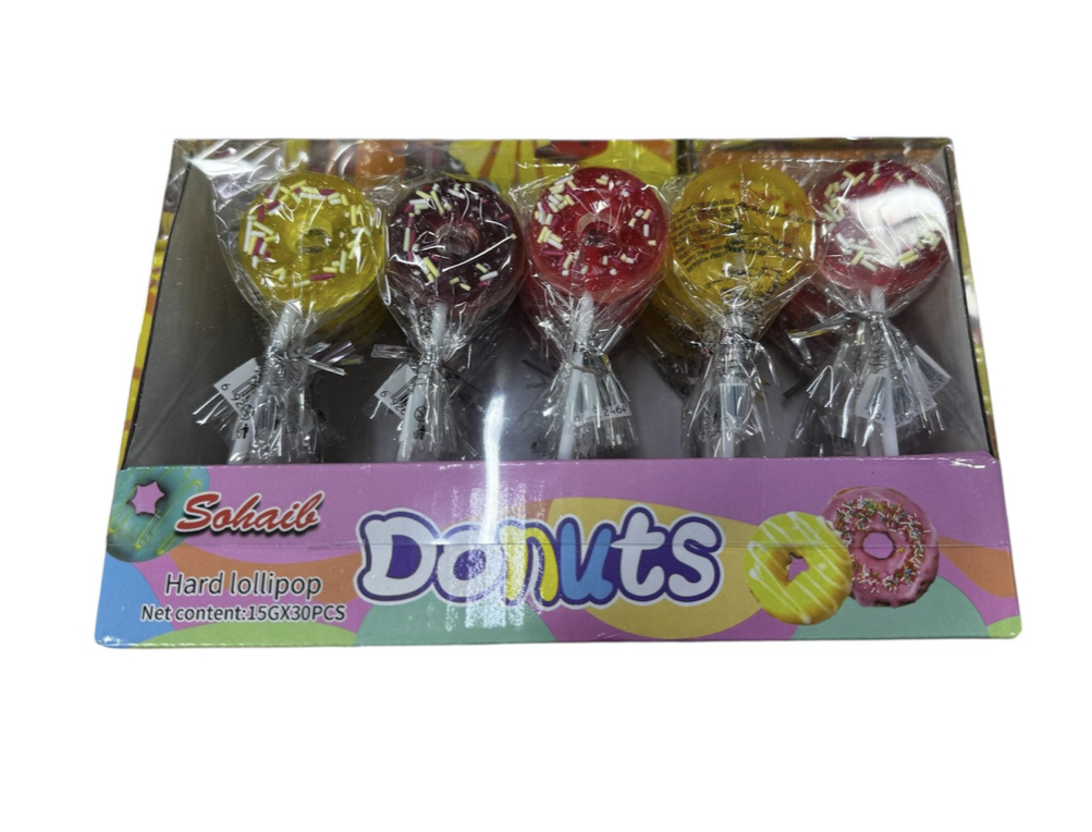 9555FFBC-492D-43EC-A2C1-E5111A00FD69 حلوي مصاص على شكل دونات 30 حبه باكت كامل - الصورة 1